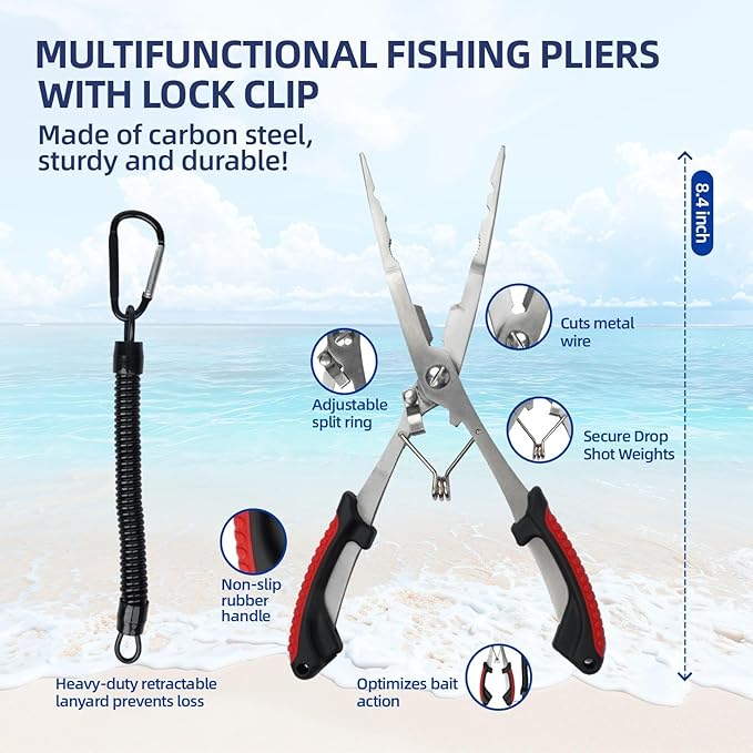 RAWILL Fishing Kit,Filleting Knife,Hook Remover,Fish Grip, Line Cutter,Fishing Scale, Pliers with Lanyards,Not Include Batteries