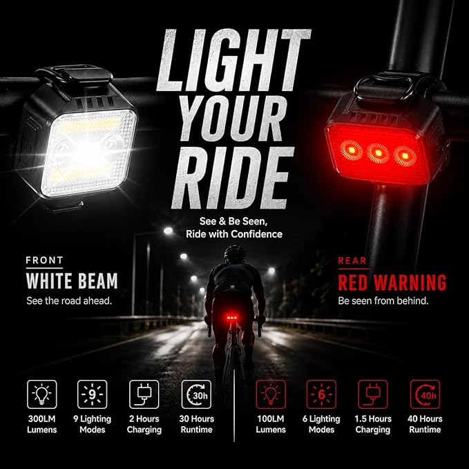 Bright Bike Lights Set for Night Riding, 9+9 Modes Rechargeable eBike Lights Front and Back, Waterproof Bicycle Lights, Bike Headlight and Tail Light Set for MTB, Off-Road & City Riding