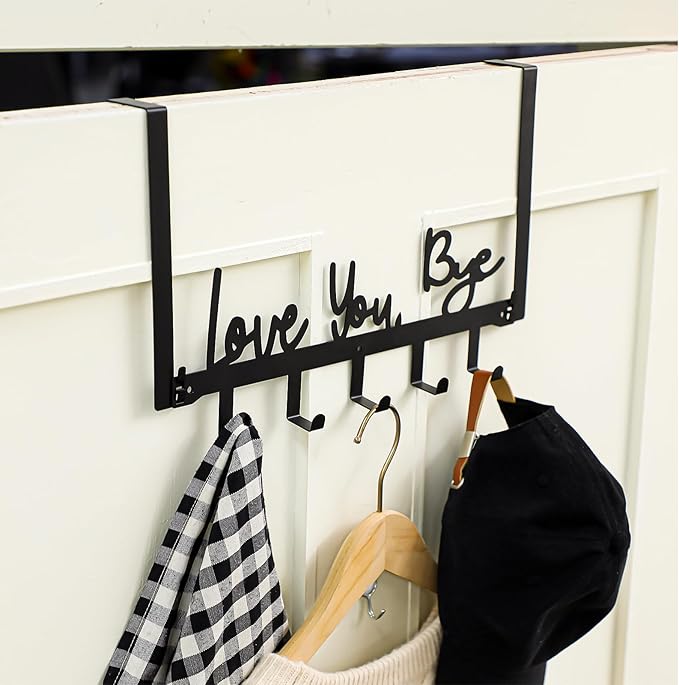 Love You Bye Over The Door Hooks Hanger Wall Mount Towel Hanger Door Holder Organizer 5 Hooks Kawaii Farmhouse Rustic Coquettish Style Decor for Bedroom Bathroom Towel Hat Clothes