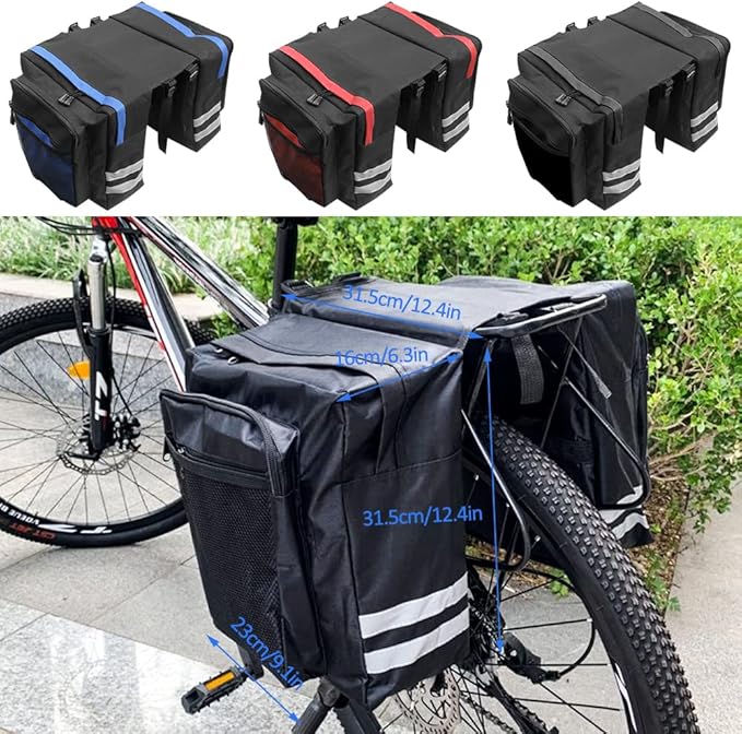 Bike Rear Rack Double Pannier Bag, 30L Waterproof Bicycle Trunk Bag, Bike Pannier Bag with Reflective Trim, for Grocery Shopping Commuter Long Cycling Trip (Black)