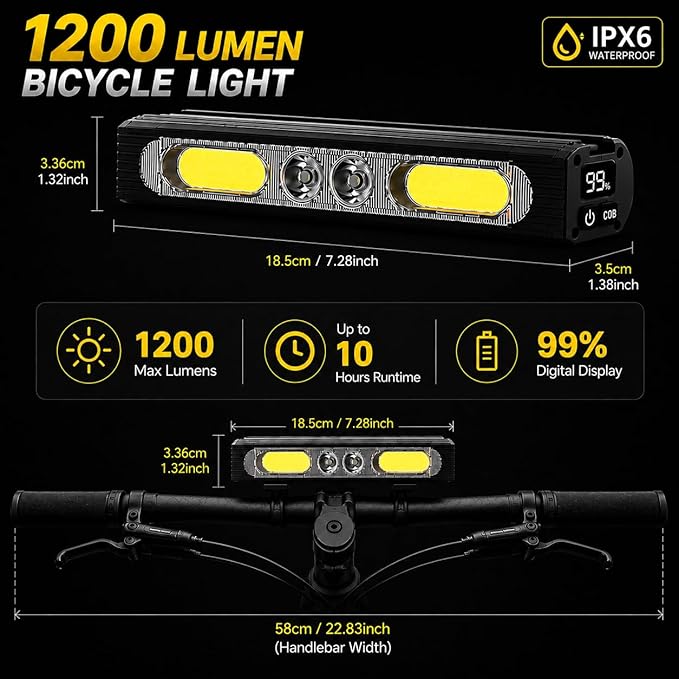 Bike Lights for Night Riding,1200 Lumens High&Low Beam Front Light, OLED Display USB-C Rechargeable Bicycle Lights,IPX6 Waterproof Ebike Headlight with Tail Light for MTB,Off-Road,City Riding