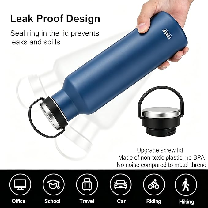 TYESO Stainless Steel Vacuum Insulated Water Bottle, Insulated Water Bottle with Soft Silicone Carry Handle (BLUE, 25 OZ)