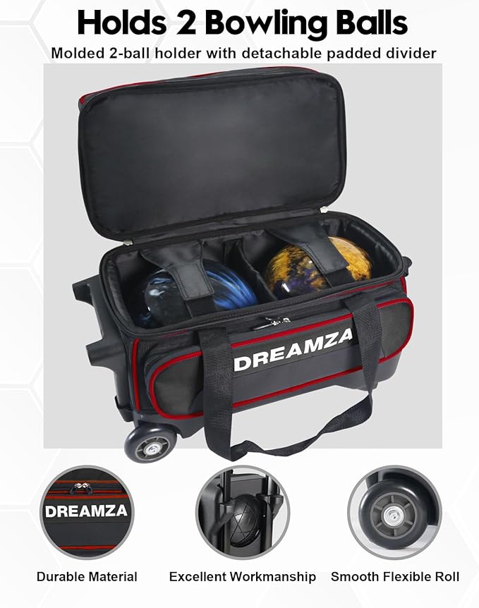 2 Ball Bowling Bag with Wheels, Double Bowling Ball Bag 2 Ball Roller w/Separate Compartment for Shoes Up to US Mens Size 16, w/Retractable Handle Extends to 40" & Accessories Pocket