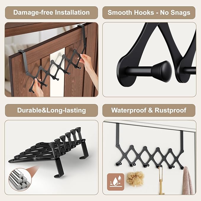 Expands Over The Door Hook Rack, Heavy Duty No Drill Hooks for Bathroom, Bedroom, Kitchen, Closet - Over The Door Hanger for Towels, Robes, Bags, Coats(Black)