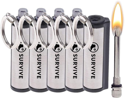 SURVIVE Permanent Match, Pack of 5, The Forever Lighter, Emergency Fire Starter Striker Set, Metal Keychain Unlimited Waterproof Stick