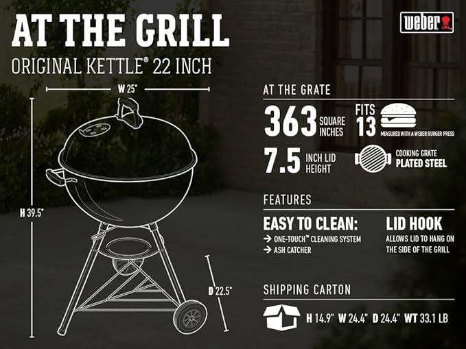 Weber Original Kettle Charcoal Grill, 22-Inch, Black – Classic Outdoor BBQ Grill with One‑Touch™ Cleaning System & Precise Temperature Control Dampers