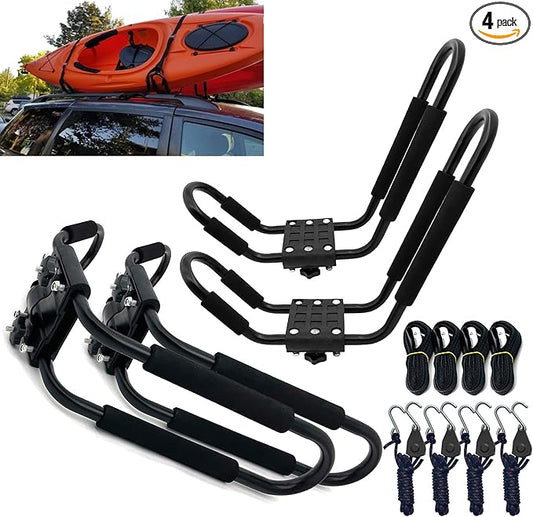 Taelakeni 2 Pairs Kayak Carrier Racks, Universal Cars Kayak Roof J Bar Rack (2 Pairs with 10ft S-Hook)