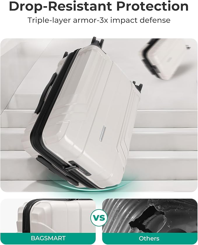 BAGSMART 拡張可能機内持ち込みスーツケース 22x14x9 航空会社承認 100% PC軽量ハードシェル、スピナーホイール付き20インチ旅行かばん、防水ローリングスーツケース、ベージュ