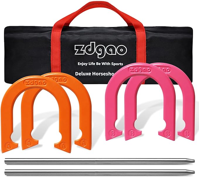 Horseshoes Outside Game Set-Portable Outdoor Horseshoe Set Includes 4 Professional Solid Steel Horseshoes with Solid Steel Stakes & Carrying Bag, Perfect for Backyard and Beach