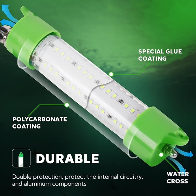 SF DC 12V LED Underwater Fishing Light 45W 70W 100W Fish Attracting Light 5600 7000 13000lm Green Fishing Light Submersible for Dock and Boats IP68 Waterproof with Cigarette Lighter or Battery Clips