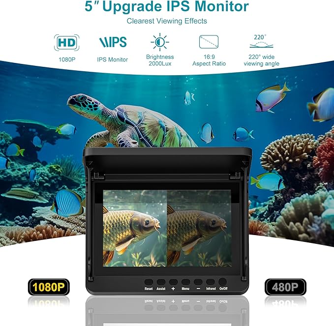 Underwater Fishing Camera, 5 Inch IPS LCD Screen Fishing Camera w/Infrared Night Vision, 6000mAh Ice Fishing Camera, Portable Fish Finder w/100ft Cable for Ice Lake Boat Kayak Fishing