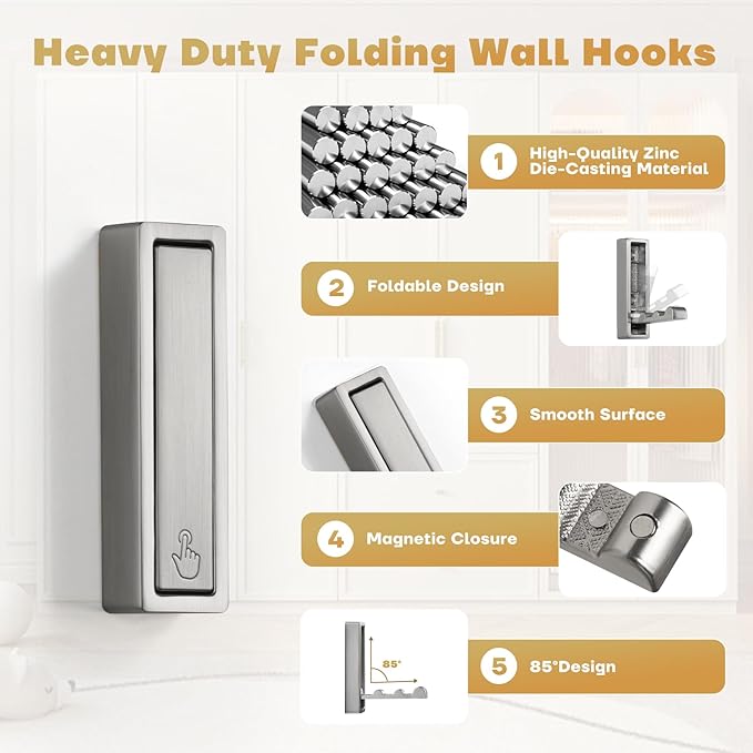 Folding Wall Hook, 2Pcs Foldable Coat Hooks Mounted, Heavy Duty Zinc Alloy No Rust Fold Up Hooks for Hanging Coat, Towel, Key, Hat, Bag, Jacket, Backpack (Brushed Nickel)