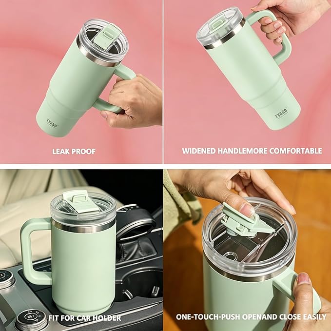 TYESO Vacuum Insulated Tumbler Water Bottle Cold Insulation Stainless Steel Bottle Straw Handle Mug Double Wall Wide Mouth (LIGHT GREEN, 40 oz)