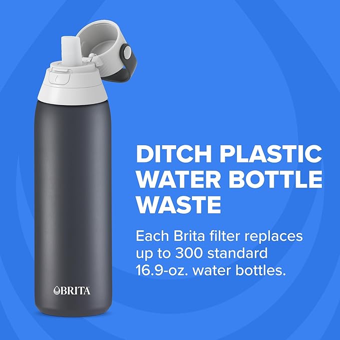 ブリタ ステンレス製プレミアム浄水ボトル、BPAフリー、再利用可能、保冷保温、プラスチックボトル300本分、フィルター寿命2ヶ月または40ガロン、フィルター1個付き、カーボン - 20オンス