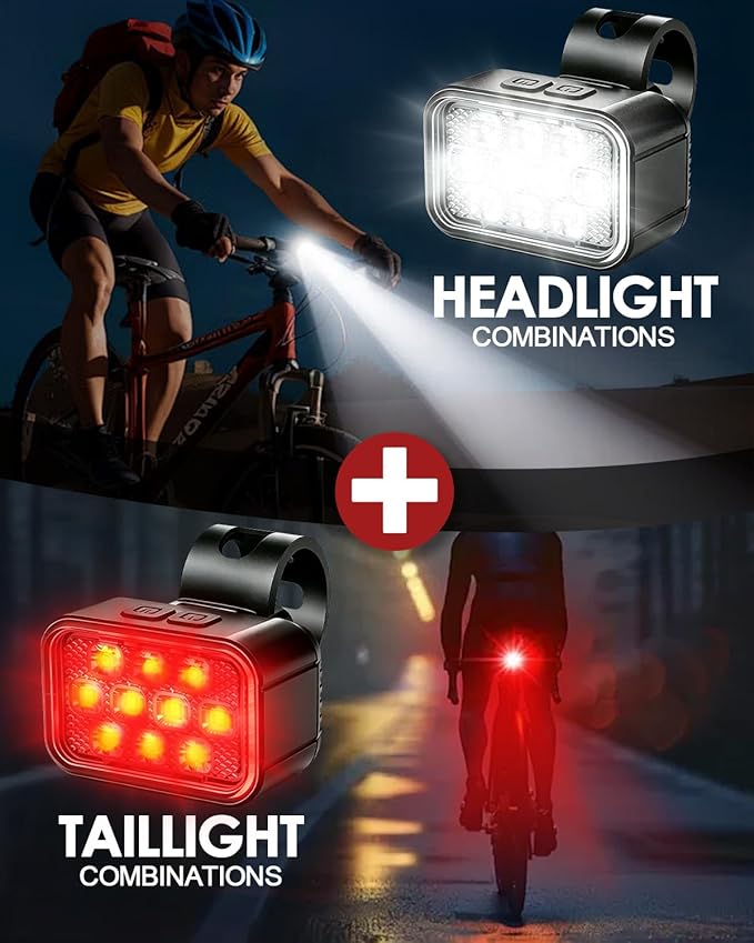 Victoper 10 LED Bike Light, 8+9 Modes USB Rechargeable Bicycle Lite, High Lumens Super Bright Bike Headlight & Taillight Set, Waterproof Safety Bike Front & Rearlight for Road, Night Riding