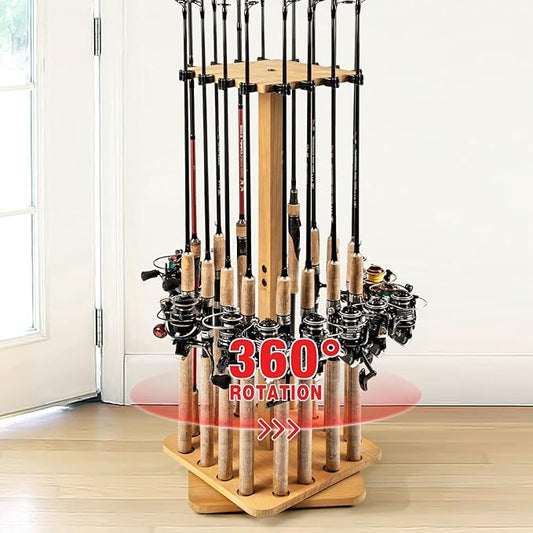 Ghosthorn 釣り竿ホルダー ガレージ用 360度回転 釣り竿ラック フロアスタンド 最大16本収納可能 木製 釣り具収納オーガナイザー 男性女性への釣りギフト