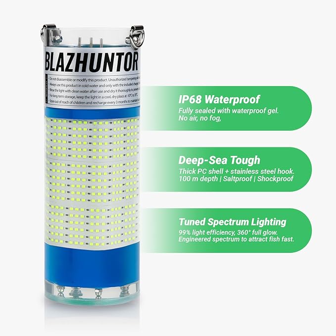 Rechargeable Underwater Fishing Light,Auto On in Water,Multi-Color Options, Up to 16000lm, IP68 Waterproof,No External Power,Cordless,Night Boat Dock Ice Fishing