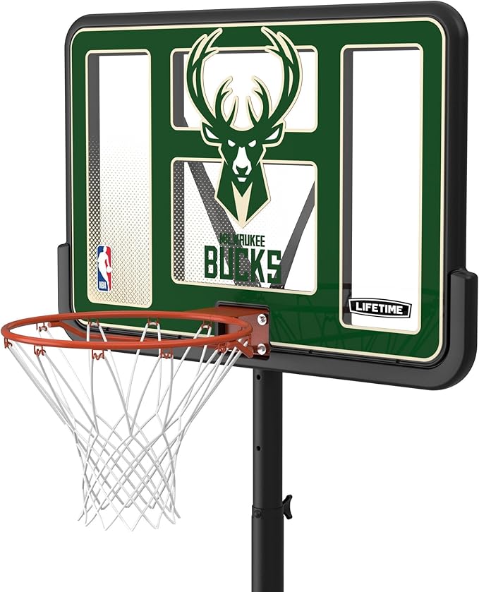 Lifetime NBA Milwaukee Bucks Portable Basketball Hoop, Adjustable Height 7.5-10 Ft, 44 Inch Shatterproof Fusion Backboard, Base with Wheels