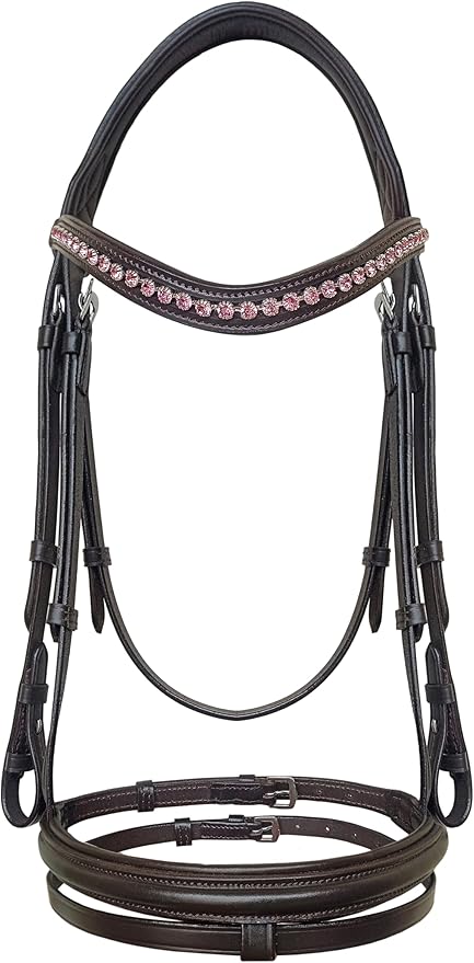 Equine Care Leather English Horse Bridle with Reins, Full Size, Choice of Browband Style, Padded Crown & Cavesson Noseband, Stainless Steel Hardware, Hunter Show Bridle.