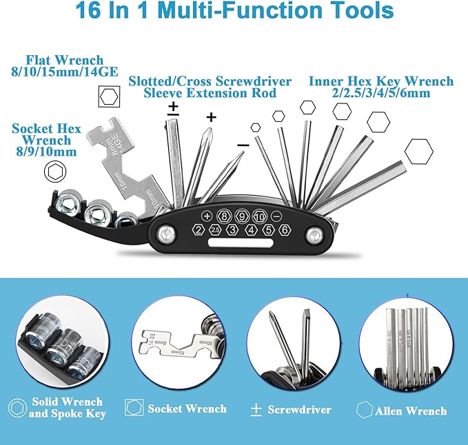 Kitbest Bike Repair Tool Kit. 100 PSI Mini Bike Pump, Tire Puncture Repair Kit, 16 in 1 Bike Multi Tool, Glueless Tire Patch Kit, Bicycle Tire Lever and Bike Bag