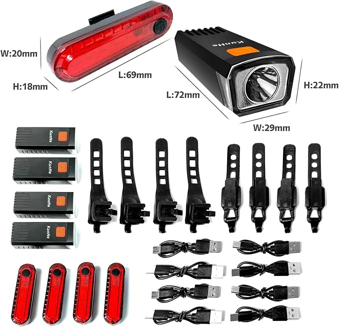 Kunhe USB-C Rechargeable Bike Lights Front and Rear(2or4or10or20 Packs) Night Riding for Kids &Adults 3 Lights Modes Used as a Safety Indicator Light for Skateboards Strollers and Wheelchairs