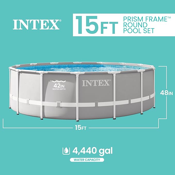 INTEX 26725EH プリズムフレームプレミアム地上設置型プールセット：15フィート x 48インチ – 1000 GPH カートリッジフィルターポンプ – 取り外し可能なはしご – プールカバー – グランドクロス