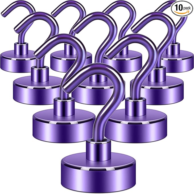 Neosmuk Magnetic Hooks, Heavy Duty 40lb+ Strong Magnet Hook for Cruise Cabins, Cruise Ship Essentials for Hanging, Metal Wall Refrigerator Hangers (Purple, 10 Pack)