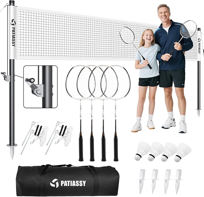 Badminton Set for Backyard, Outdoor Badminton Net with Anti-Sag Design, 4 Professional Badminton Rackets, 4 Shuttlecocks and Carry Bag for Lawn or Beach