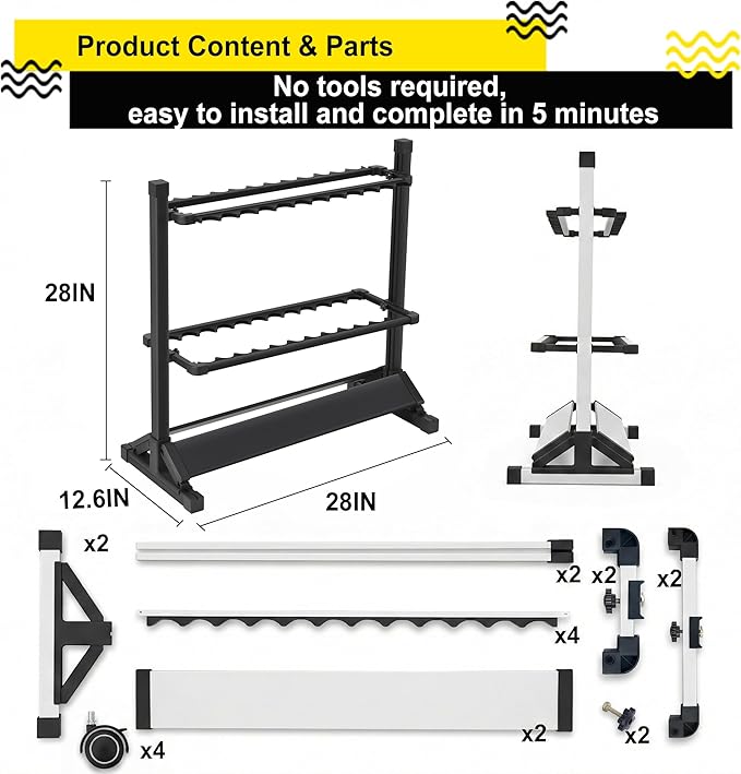 24-Rod Aluminum Alloy Rolling Fishing Pole Holder, Rustproof Fishing Rod Rack with 360° Lockable Wheels, Multi-Functional Storage Organizer for Garage & Home, Fits Most Rods & Golf Clubs (Black)