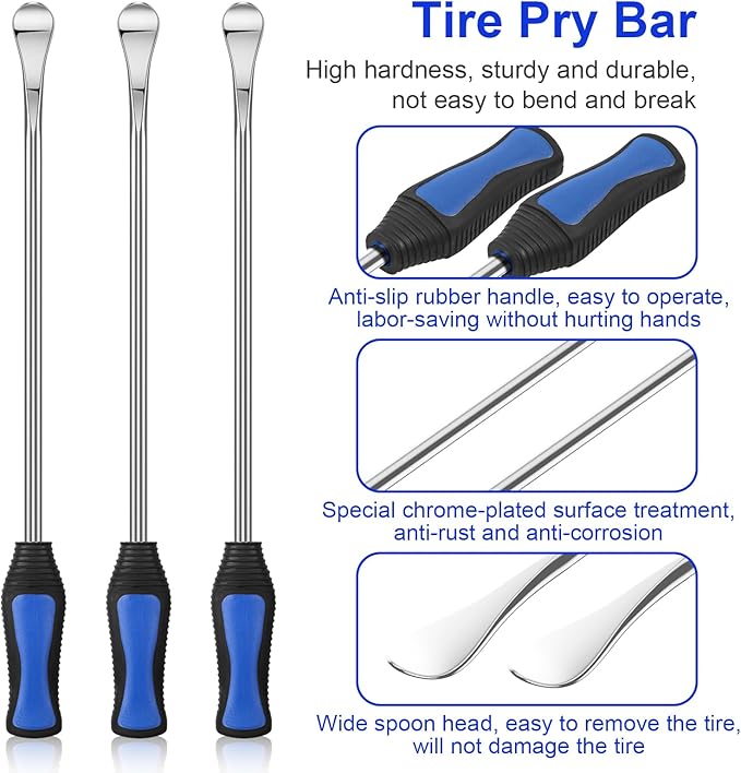 HTOMT 14.5" Tire Spoon Kit, 26pcs Tire Changing Tool for Motorcycle Dirt Bike Lawn Tractor Bicycle, Motorcycle Tire Changer Tire Removal Tool with 3pcs Rim Covers 6pcs Valve Tool Valve Cores (Blue)