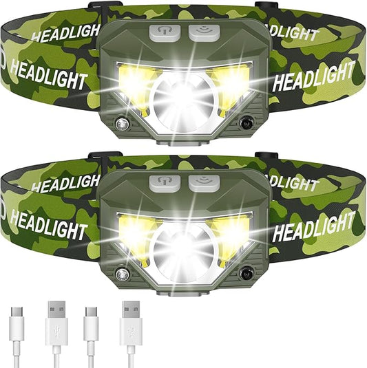 LHKNL ヘッドランプ懐中電灯、ルーメン超軽量高輝度LED充電式ヘッドライト、白赤ライト、2個パック防水モーションセンサーヘッドランプ、アウトドアキャンプランニングフィッシング用8モード-グリーン