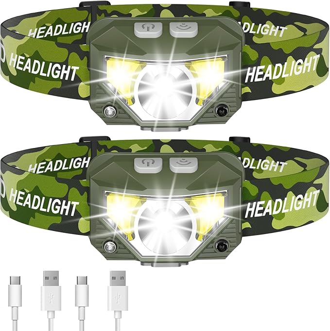 LHKNL ヘッドランプ懐中電灯、ルーメン超軽量高輝度LED充電式ヘッドライト、白赤ライト、2個パック防水モーションセンサーヘッドランプ、アウトドアキャンプランニングフィッシング用8モード-グリーン
