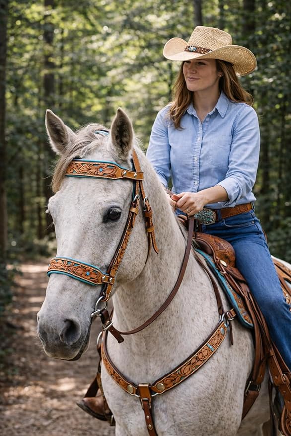 CHALLENGER Horse Western Tan Leather Floral Tooled Bitless Sidepull Bridle Reins 77RS34TN