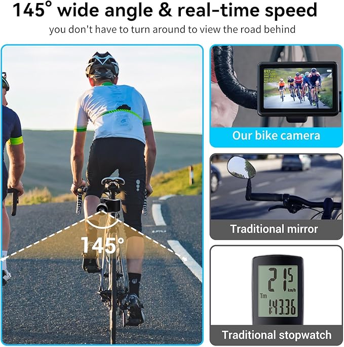 FEISIKE Bike Camera with 4.3" Display, 145° Wide-Angle Night Vision Bike Mirror with Cyclocomputer, Smart Bike Computer with Speed Display for Safer Rides