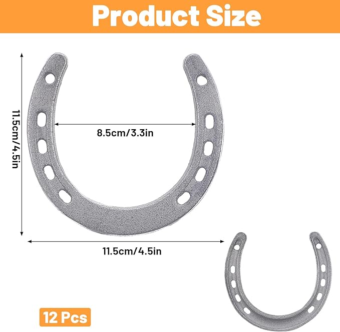 HANLANXUE 12Pcs Cast Iron Horse Shoes for Decorations, Durable Good Lucky Horseshoe for Wall Décor, Indoor, Outdoor, Cowboy, Western, Wedding, Crafts, Birthday Party Favors Supplies, 4.5" x 4.3"