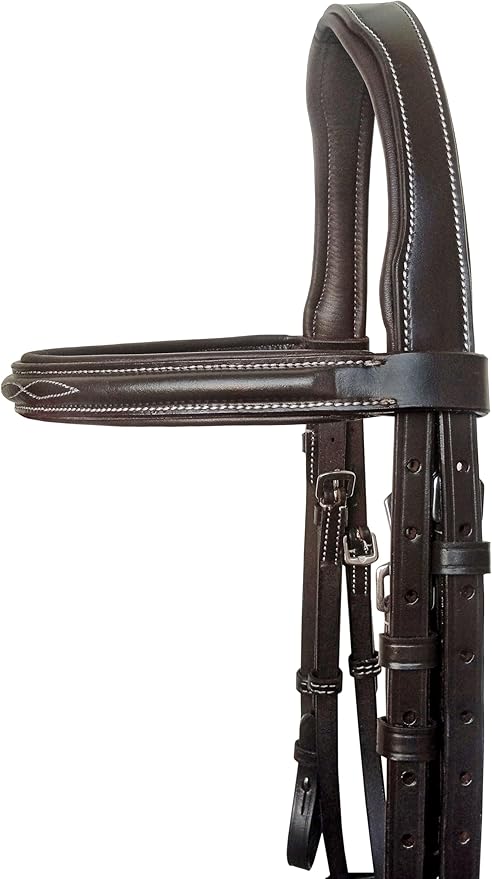 Equine Care Leather English Horse Bridle with Reins, Full Size, Choice of Browband Style, Padded Crown & Cavesson Noseband, Stainless Steel Hardware, Hunter Show Bridle.