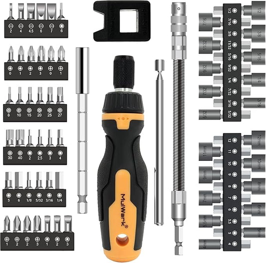MulWark 63PC Magnetic Ratcheting Screwdriver Bit Set – Multibit Screw Driver with Screwdriver Bits Slotted, Torx, Hex, Pozi, Philips, Square; Nut Driver Set for SAE and Metric – Christmas Gift