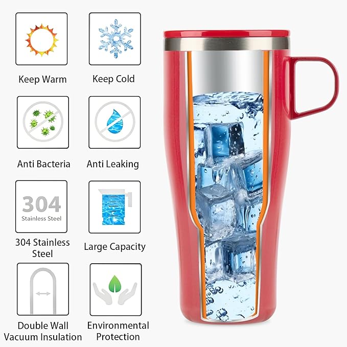 TYESO Coffee Mug,Insulated Tumbler with Lid,Vacuum Insulated Mug Double Wall Stainless Steel OfficeTumbler Cup (Red, 17 oz)