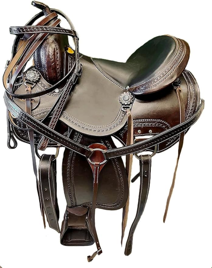 Barrel Brown Western Horse Trail Saddle Set Leather Horse Saddle with Headstall, Breast Collar Combo Rodeo Cowboy Riding Equestrian Comfortable Ride Black Saddle Tack Set
