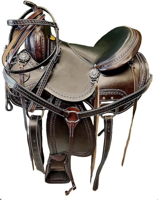 Barrel Brown Western Horse Trail Saddle Set Leather Horse Saddle with Headstall, Breast Collar Combo Rodeo Cowboy Riding Equestrian Comfortable Ride Black Saddle Tack Set