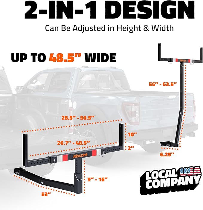 Mockins 750 Lbs Cap Truck Bed Extender Hitch Mount | 2-in-1 All-Weather Steel Canoe Rack & Kayak Trailer w/Stabilizer & Straps | Versatile Bed Extenders for Trucks & SUVs for Ladders, Pipes & Lumber