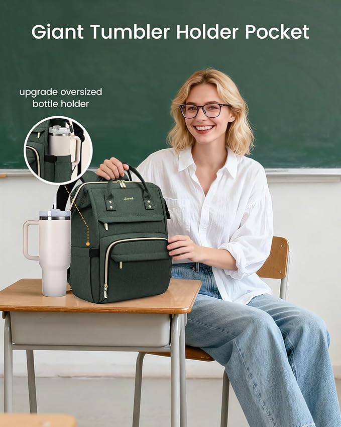 LOVEVOOK Laptop Backpack for Women with Giant Tumbler Holder Pocket,15.6 inch Waterproof Travel Backpack Purse Computer Laptop Bag,Professional Work College Nurse Teacher Backpack Daypack,Dark Green