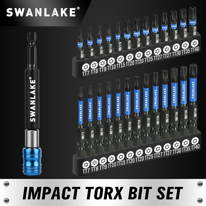 SWANLAKE インパクトトルクスビットセット、27ピース (TT7-TT40) 1インチ&2インチ セキュリティタンパープルーフ マグネットドライバービット、CNC機械加工チップ、S2スチールロングトルクススタービット、4インチインパクトビットホルダーと収納ボックス付き