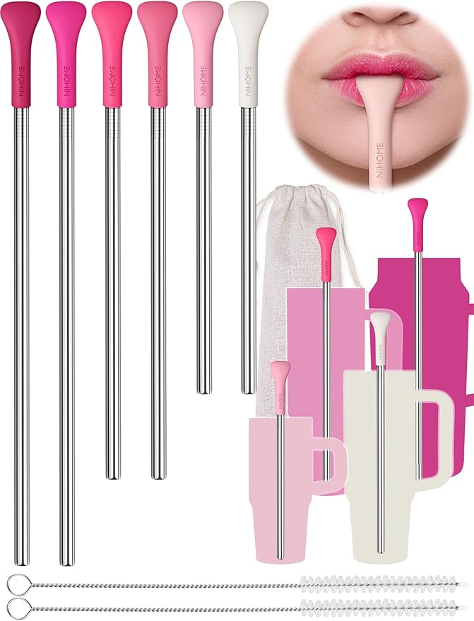 NiHome 6PCS Anti Wrinkle Straws with Silicone Widen Flat Tip Drinking Metal Straw, Fit for Stanley 20/30/40 oz Tumbler, Reusable Wrinkle Free Stainless Steel Long Straw, 2 Brushes & Carry Bag (Pink)