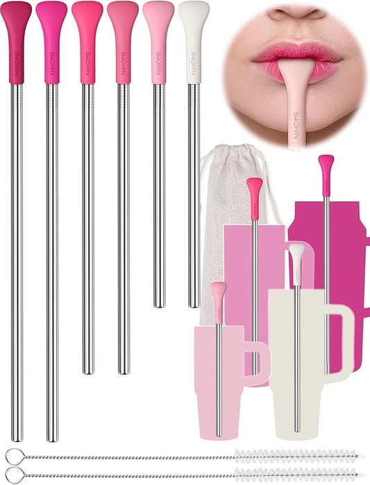 NiHome 6PCS Anti Wrinkle Straws with Silicone Widen Flat Tip Drinking Metal Straw, Fit for Stanley 20/30/40 oz Tumbler, Reusable Wrinkle Free Stainless Steel Long Straw, 2 Brushes & Carry Bag (Pink)