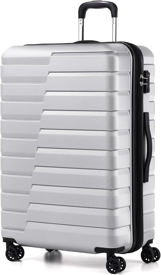 Coolife Expandable Large Checked Luggage with Spinner Wheels, Hard Shell Suitcase TSA Lock Rolling Travel Luggage 28-inch,Silver
