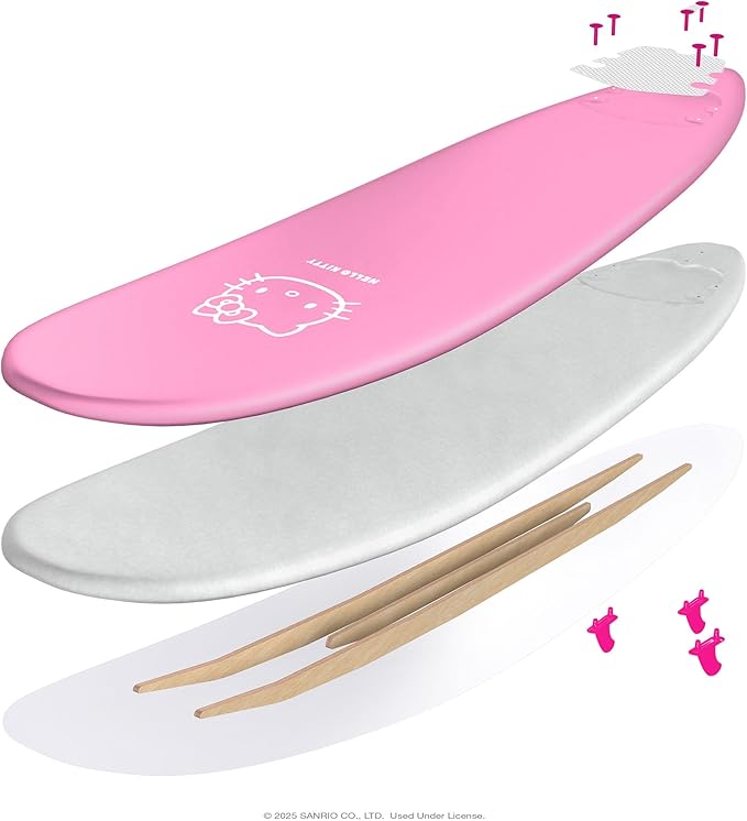 Hello Kitty 8ft Surfboard by Wavestorm | Graphic top Deck with high Density Slick Bottom | for Kids and Adults | Foam Construction with Accessories | Includes Basic Leash