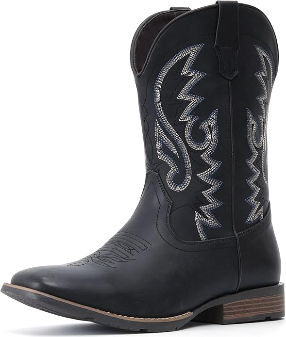 IUV Cowboy Boots For Men with Wide Square Toe Western Retro Boot Durable Classic Fashionable Embroidered Pull On Slip Resistant Boots