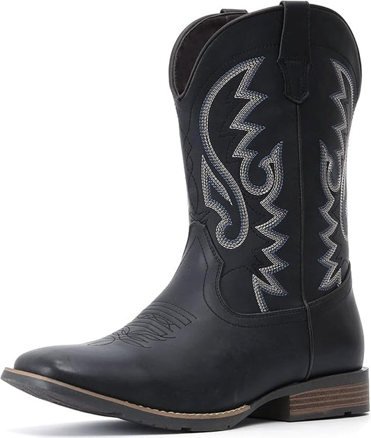 IUV Cowboy Boots For Men with Wide Square Toe Western Retro Boot Durable Classic Fashionable Embroidered Pull On Slip Resistant Boots