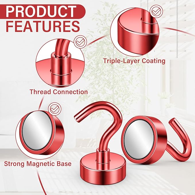 Magnetic Hooks, 30 lbs Magnetic Hooks, Magnet Hook for Cruise Cabins, Magnet Metal Hooks for Refrigerator, Mugs, Classroom, Kitchen, Home (Red, 8 Pack)
